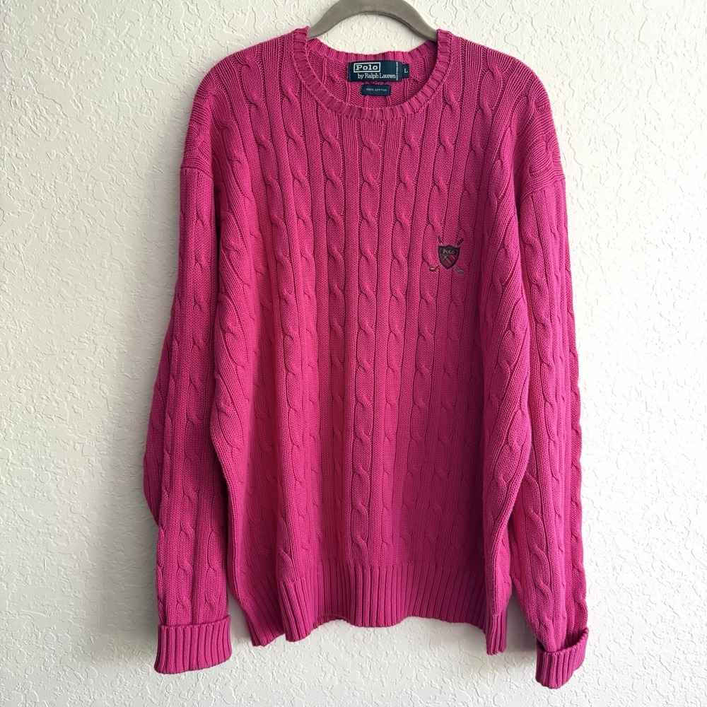 Vtg Polo Ralph Lauren Mens Cable Knit‎ Sweater Large Pink Classic Cotton Golf